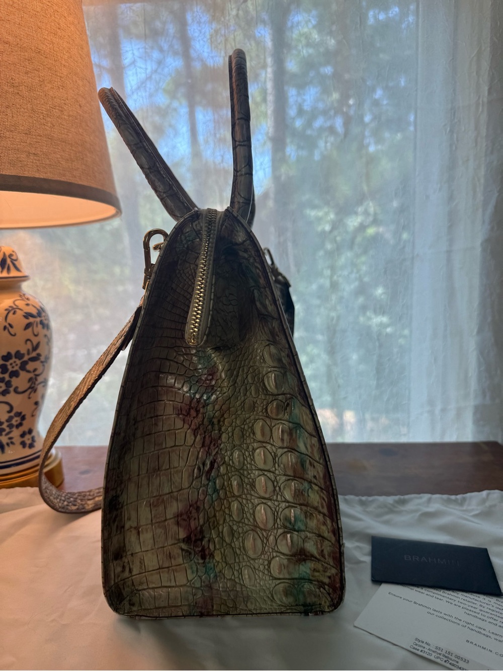 Brahmin Green and Mauve Croc-Embossed Satchel - Picture 2 of 13